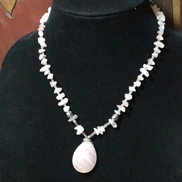 Semiprecious Stone Rose Quartz Crystal Pendant Necklace 17”L Barrel Roller Clasp - Picture 3 of 9